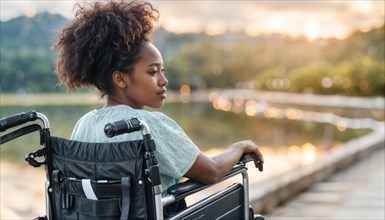 Peaceful moment of a woman in a wheelchair by a park, contemplative at sunset, AI generated