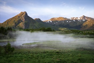 Landscape on the Lofoten Islands. Morning mist rises over a meadow and a stream. Mountains in the