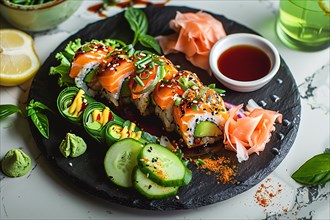 Colorful sushi rolls with salmon and avocado, served with wasabi and soy sauce, AI generated