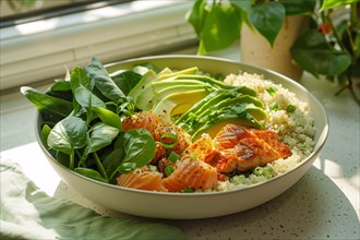 Sunlit bowl with salmon, avocado, couscous, and spinach showcasing fresh ingredients, AI generated
