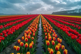 Vast tulip fields with striking symmetry of red and orange stripes under a moody sky, AI generated