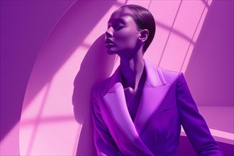 Monochromatic image of a model in a purple suit striking a pose with dramatic lighting, AI