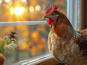 Warm sunset scene with a contemplative chicken by the window, AI generiert, AI generated