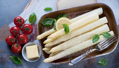 Dish with white asparagus, garnished with lemon, parmesan and cherry tomatoes, served on a platter,