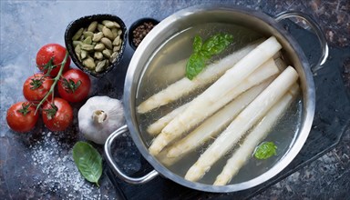 Freshly cooked asparagus spears in water with spices, fresh white asparagus in a cooking pot, KI