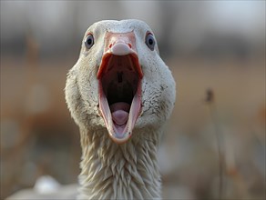 A goose with its mouth open looks directly into the camera, the feather details are clearly