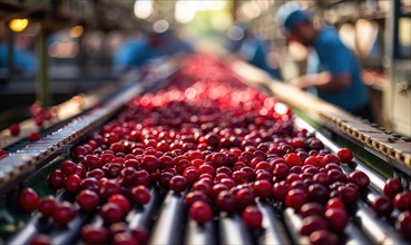 Ripe cherries being sorted and packaged in a bustling fruit processing facility AI generated