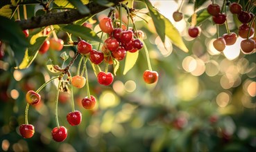 Ripe cherries dangling temptingly from the branches of a cherry tree in a vibrant garden AI