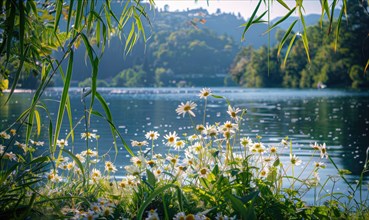 The lake surrounded by lush greenery and blooming flowers in the height of summer, summer nature