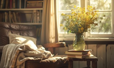 A cozy reading corner bathed in warm afternoon light AI generated
