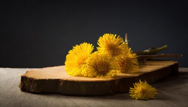 An arrangement of coltsfoot flowers on a round wooden cutting board in a dark setting, medicinal