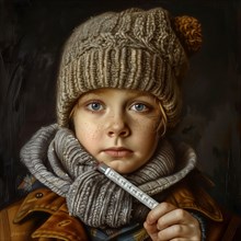 Child with a worried look holds a thermometer, wrapped in winter clothing, AI generated