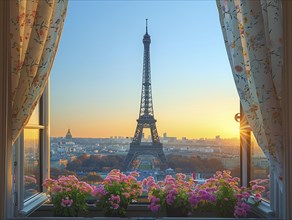 Blick aus einem Fenster auf den Eiffelturm zwischen bunten Blumen bei Sonnenuntergang, Lifestyle in