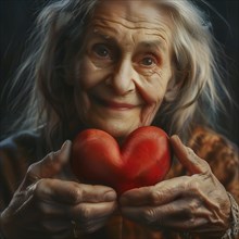 Portrait of an elderly woman with wrinkles and a loving gaze embracing a red heart, AI generated