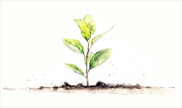Watercolor illustration of a young tree sprout with bright green leaves AI generated