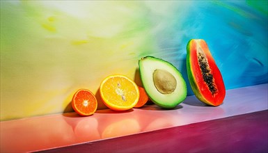 Sliced fruits presented on a surface with a gradient rainbow backdrop, horizontal, AI generated