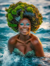 Playful woman with moss hair moss growing and thriving, creating a mystical and enchanting effect,