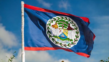 Flags, the national flag of Belize flutters in the wind