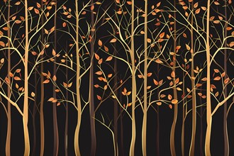 Warm and tranquil nature pattern with autumn trees and golden leaves, illustration, AI generated