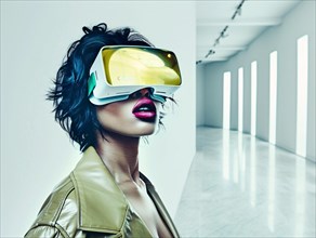 A model with a virtual reality headset looks upward, lips parted, amidst stark lighting, AI