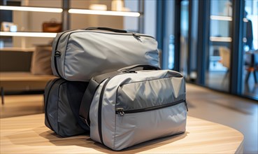 Two modern travel bags on a table in a well-lit, organized interior space AI generated