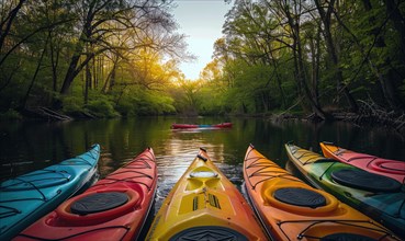 A group of colorful kayaks drifting down a spring river AI generated