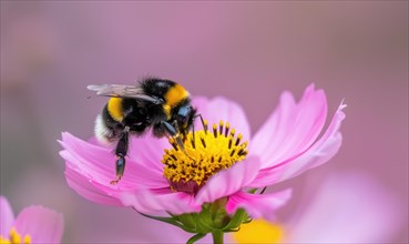 Bumblebee collecting pollen from flowers, closeup view, selective focus AI generated