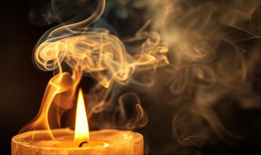 Close-up of a candle with wisps of smoke rising from the flame AI generated