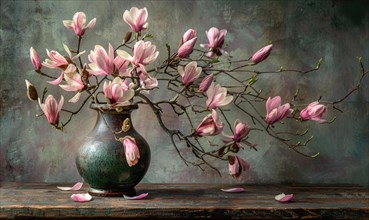Magnolia blossom bouquet in a vintage vase on a wooden table AI generated