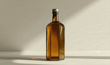 Studio shot of an amber glass bottle mockup filled with rich and aromatic cold-pressed olive oil AI