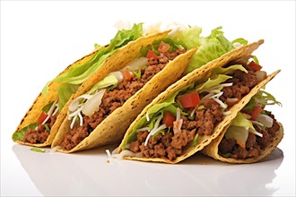 Beef tacos with lettuce, cheese, and tomato in crispy shells, AI generated