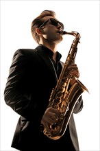 Silhouetted Saxophonist in Spotlight, AI generated