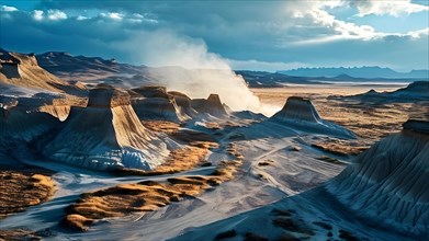 Patagonian desert landscape with powerful wind shaping landforms isolated rock formations, AI