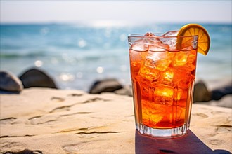 Glass with orange cocktail drink with ice cubes and orange fruit slice with beach in background. KI