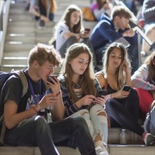 Many students sit close together on a staircase and talk on cell phones, photo quality Job ID: