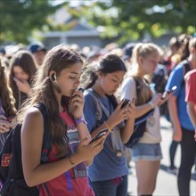Teenagers use their smartphones on the go, some with headphones on a sunny day, AI generated