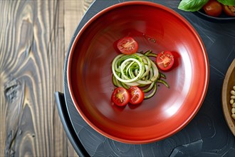 Tomato slices and spiralized cucumber artfully presented in a red bowl indicate healthy eating, AI
