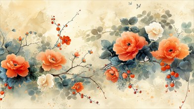 A vintage-style floral watercolor painting featuring red flowers on a pastel background, ai