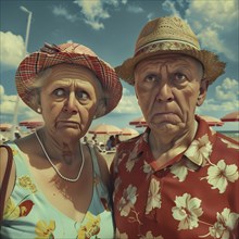 Two elderly people in summer clothes look confused on the beach promenade, AI generated