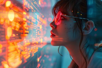Woman with sunglasses reflecting neon lights in a futuristic digital atmosphere, AI generated