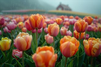 Moody image of orange tulips with raindrops in the foreground and a foggy farm house background, AI