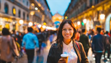 A smiling woman holding a coffee on a busy city street at night, illuminated by street lights, rush