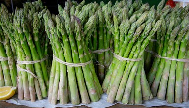 Bundles of green asparagus displayed at a vegetable market stall, AI generated, AI generated
