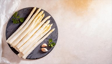 Asparagus on a ceramic plate with garlic cloves, ready to cook, AI generated, AI generated