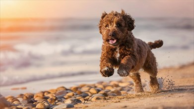 An energetic water dog puppy running joyfully on the beach with a sunset backdrop, AI generated