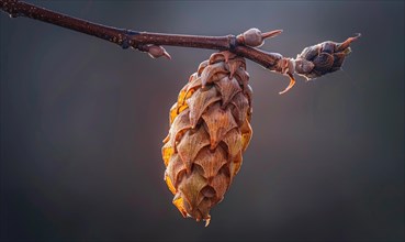 A close-up of a laburnum seed pod hanging from a branch AI generated