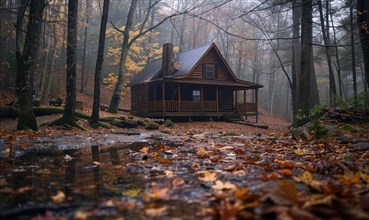 A cozy cabin nestled in a lush forest, surrounded by mist and raindrops glistening on the leaves AI