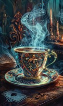 A cup of coffee is sitting on a table with a deck of cards nearby. The steam from the coffee is