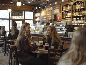 Zwei froehliche Frauen unterhalten sich in einem Cafe mit warmem Innenambiente, Lifestyle in Paris,