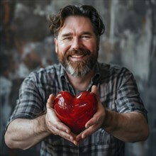 Man with beard and chequered shirt smiling and holding a red heart in his hands, AI generated